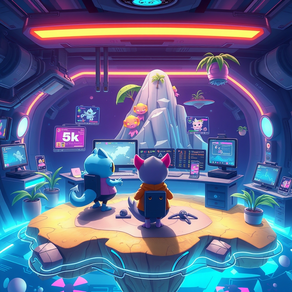 A creator workspace inside a futuristic island with animated companion creatures and UI panels