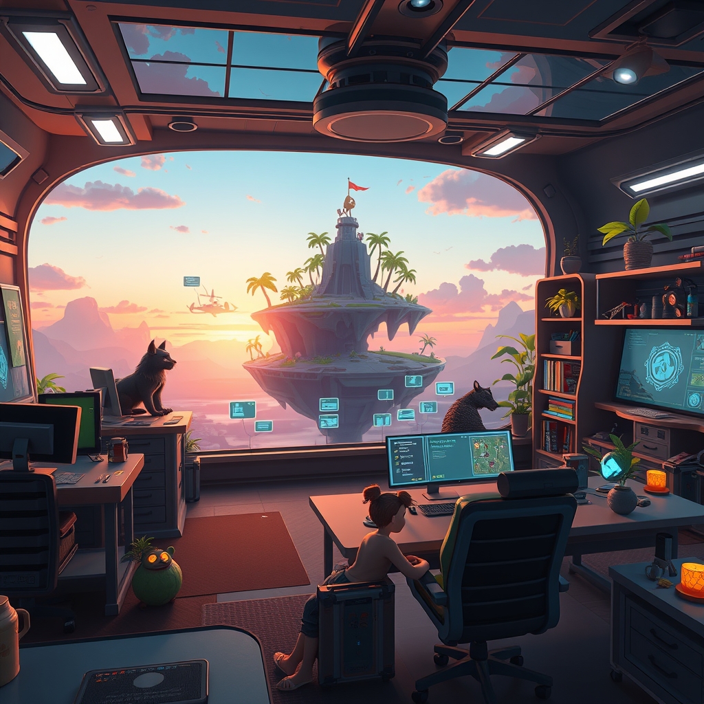 A creator workspace with animated animal companions and holographic NPC controls