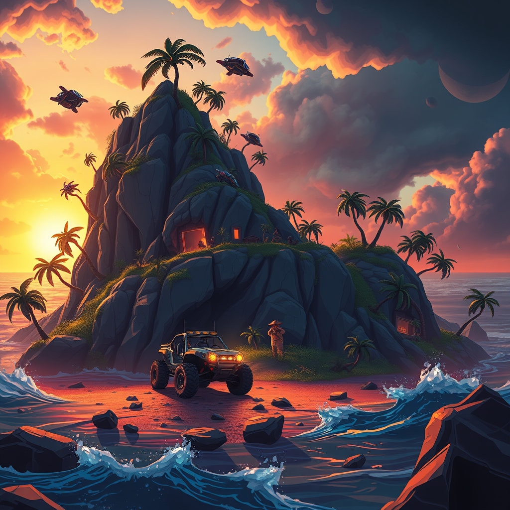 Comic-inspired heroes and a neon-lit Bat Cave over a battle royale island