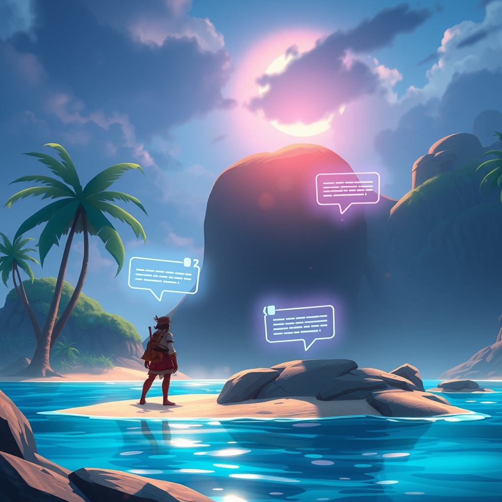 A cinematic NPC conversation scene in a futuristic island setting