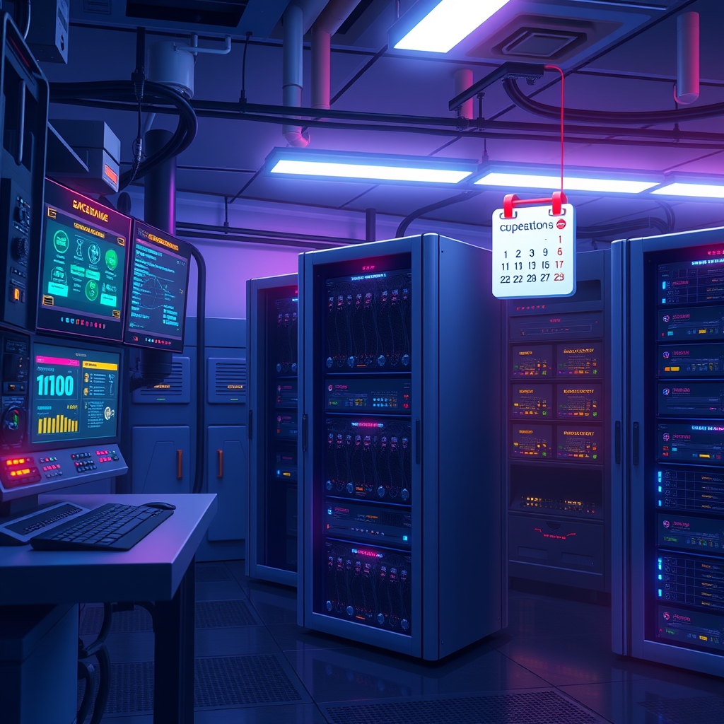 A server room display showing scheduled maintenance on a status dashboard