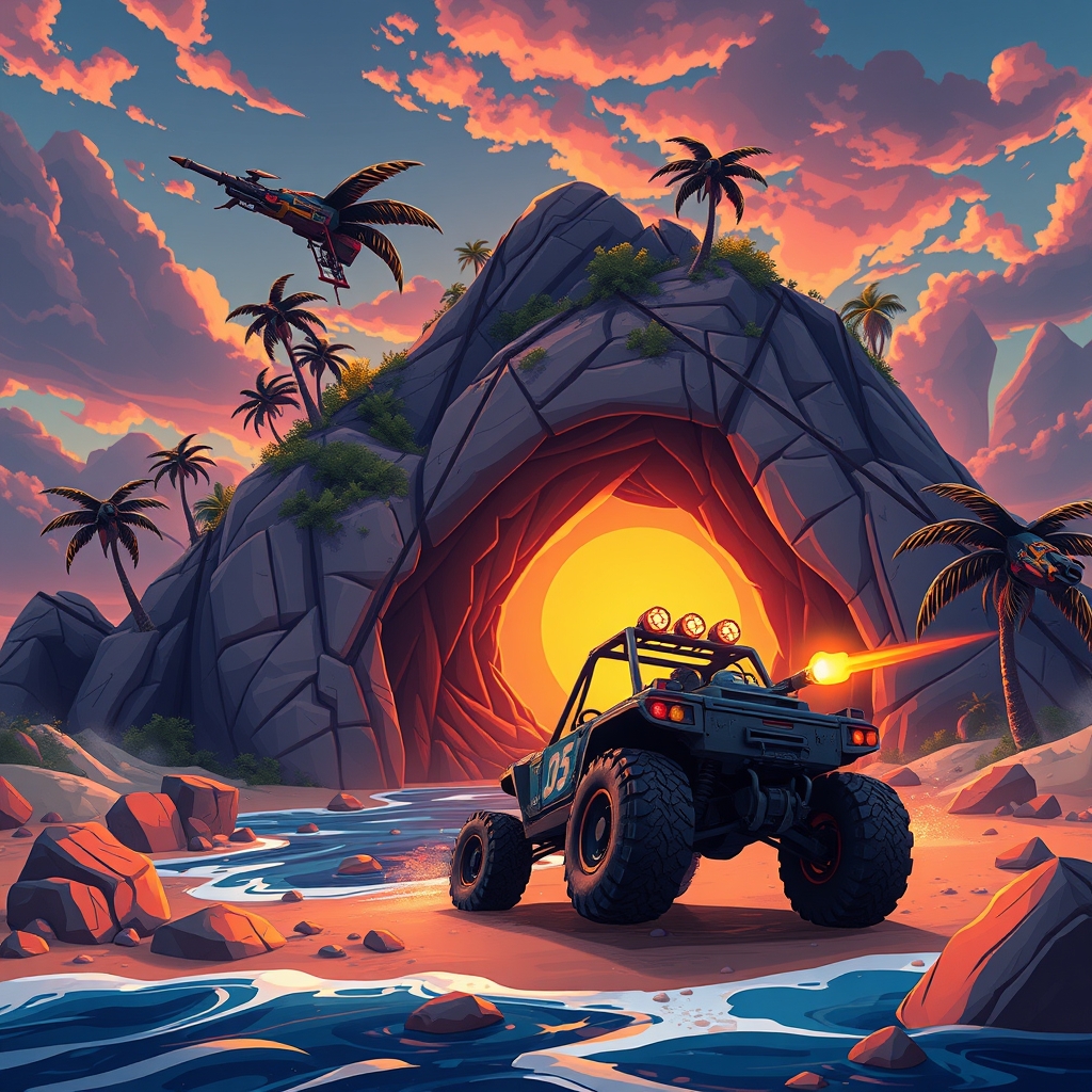 Comic-book-inspired Fortnite battlefield with a secret cave and neon summer action