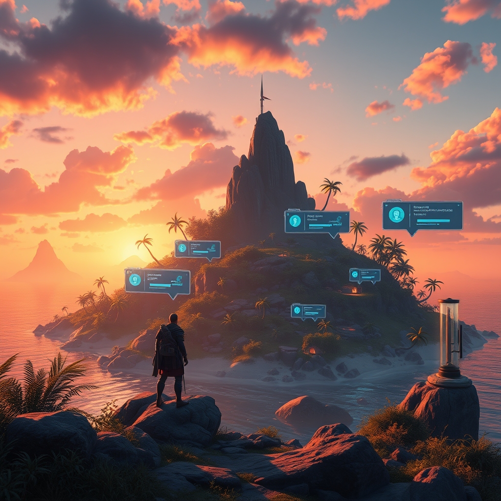 A sci-fi island NPC speaking beside a glowing dialogue node
