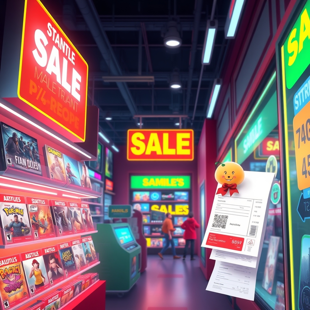 A digital storefront display with sale banners and game boxes in a neon-lit shop