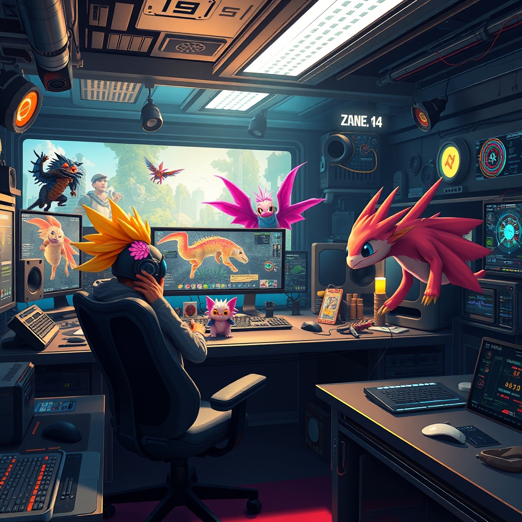 A futuristic game editor scene with animated pet-like companions and UI panels