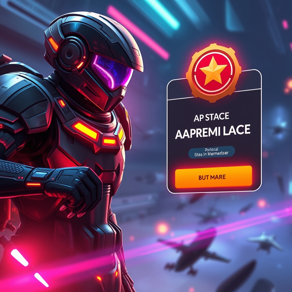 A sci-fi action scene with a stealthy armored warrior and glowing reward icons