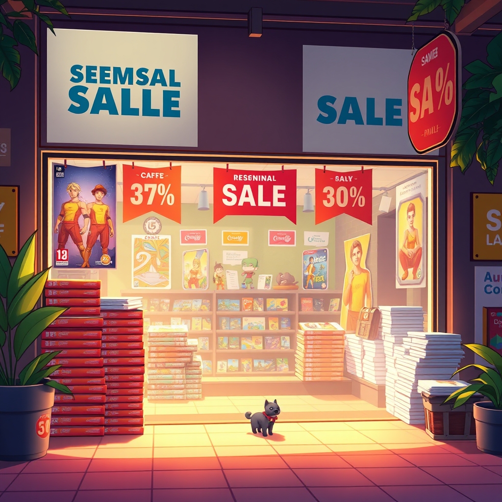 A storefront display with game cards, discount tags, and a bonus companion reward concept