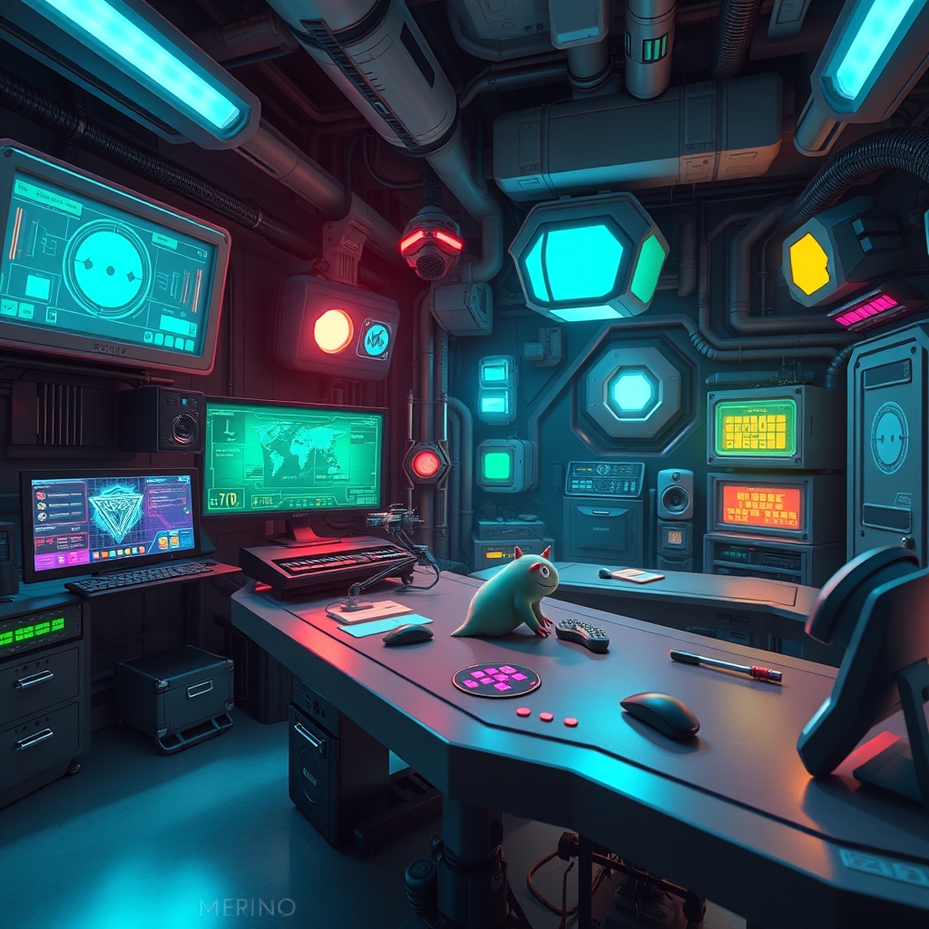 A stylized game editor workspace with a floating companion creature and modular UI panels