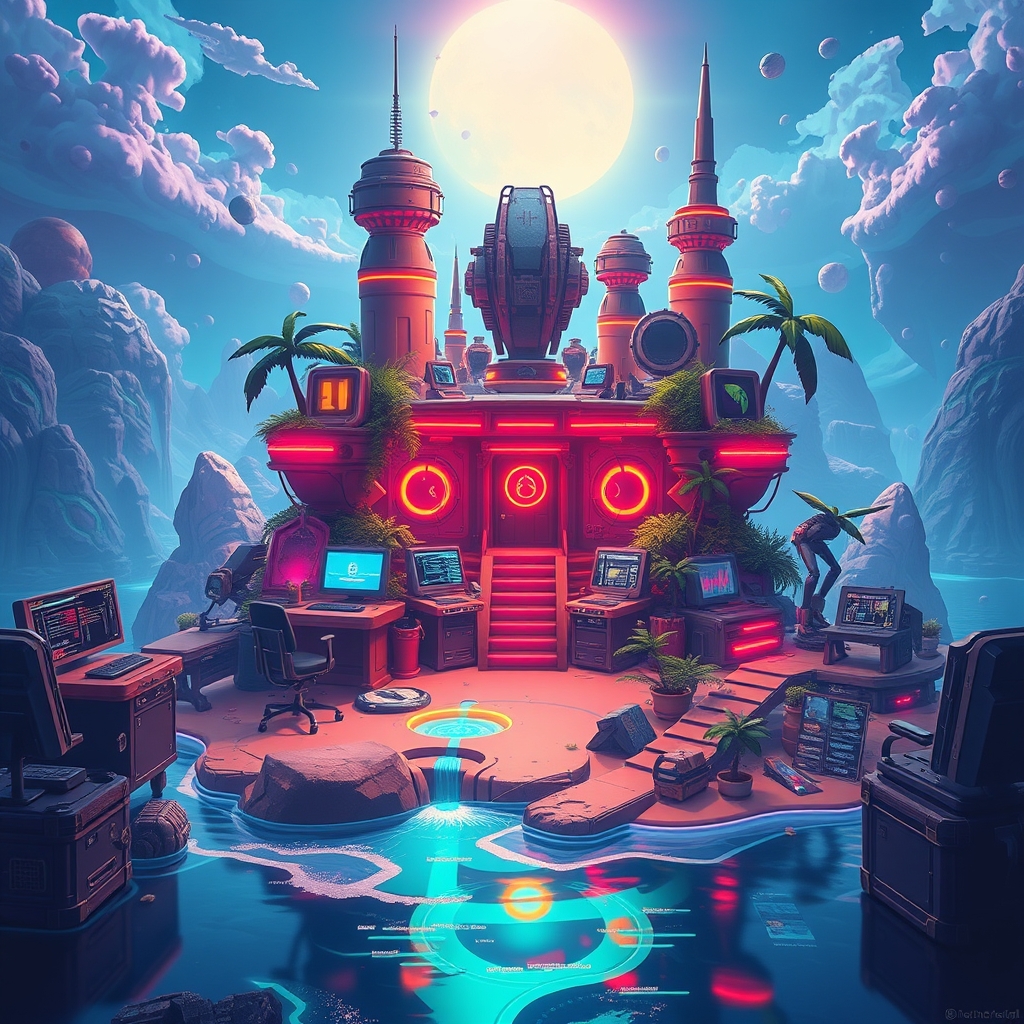 A creator building an island with talking NPC terminals and dialogue bubbles