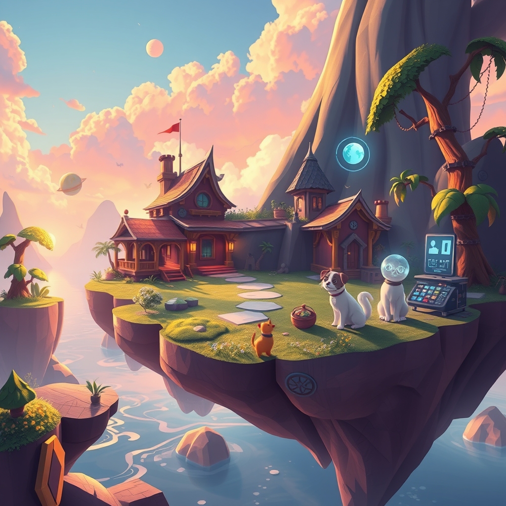 Creative game island with animal companions and tools