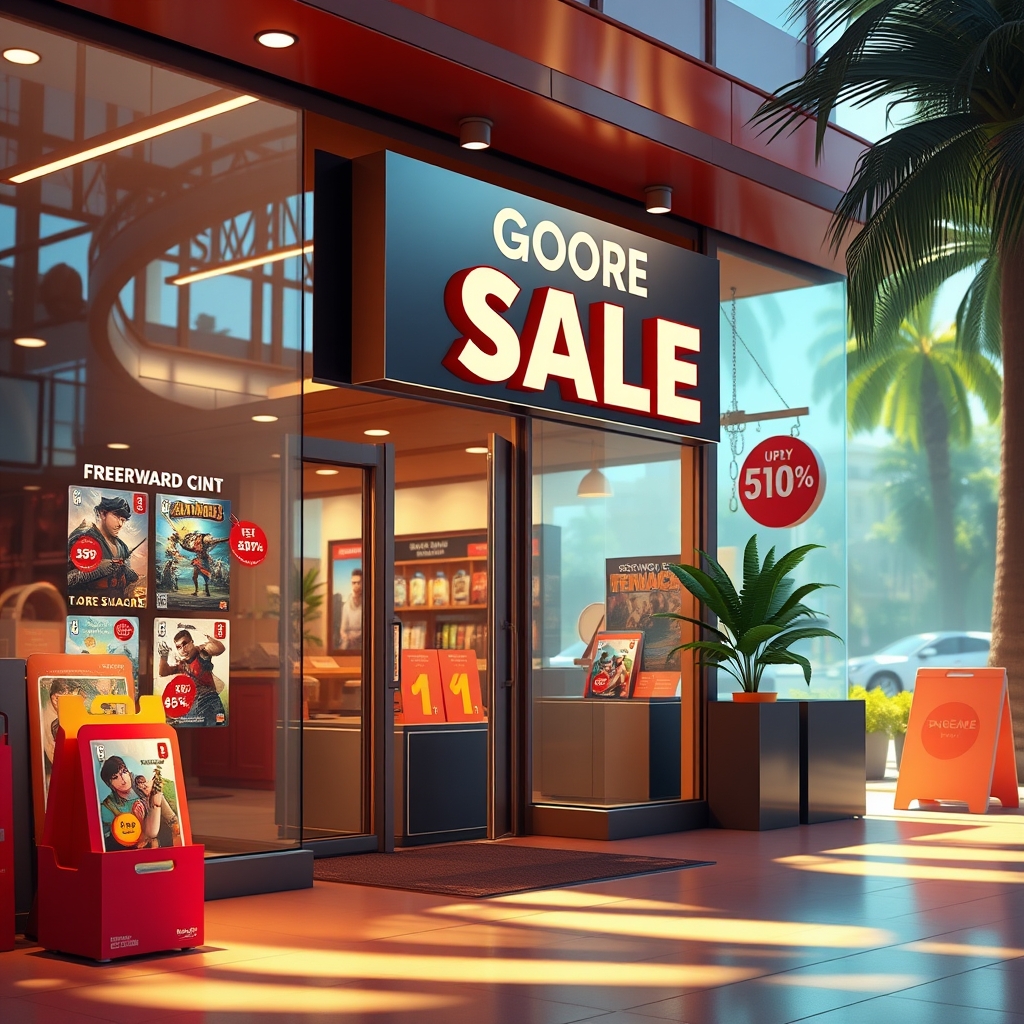 A digital storefront sale banner with colorful game tiles and reward icons