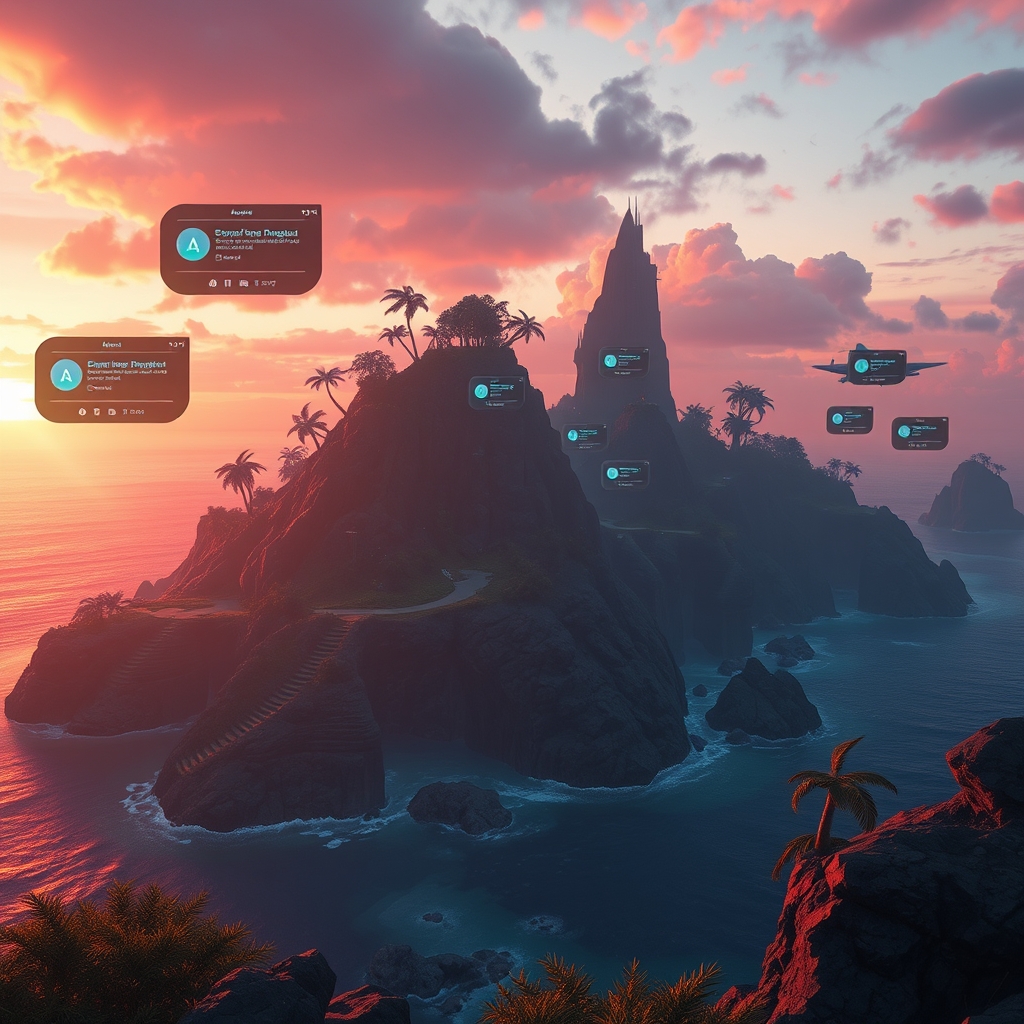 A futuristic island dialogue scene with a holographic NPC interface