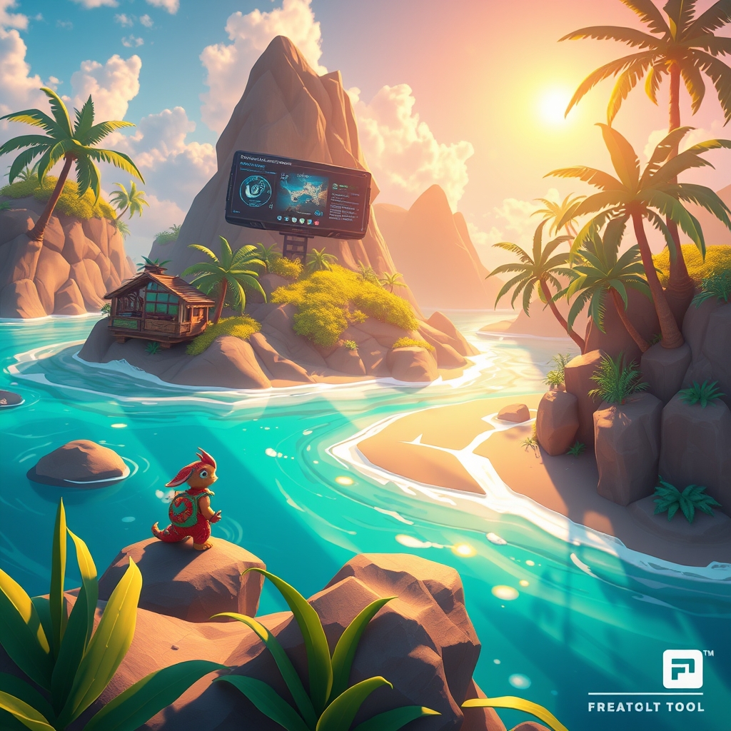 A stylized creature companion standing in a game-like island hub