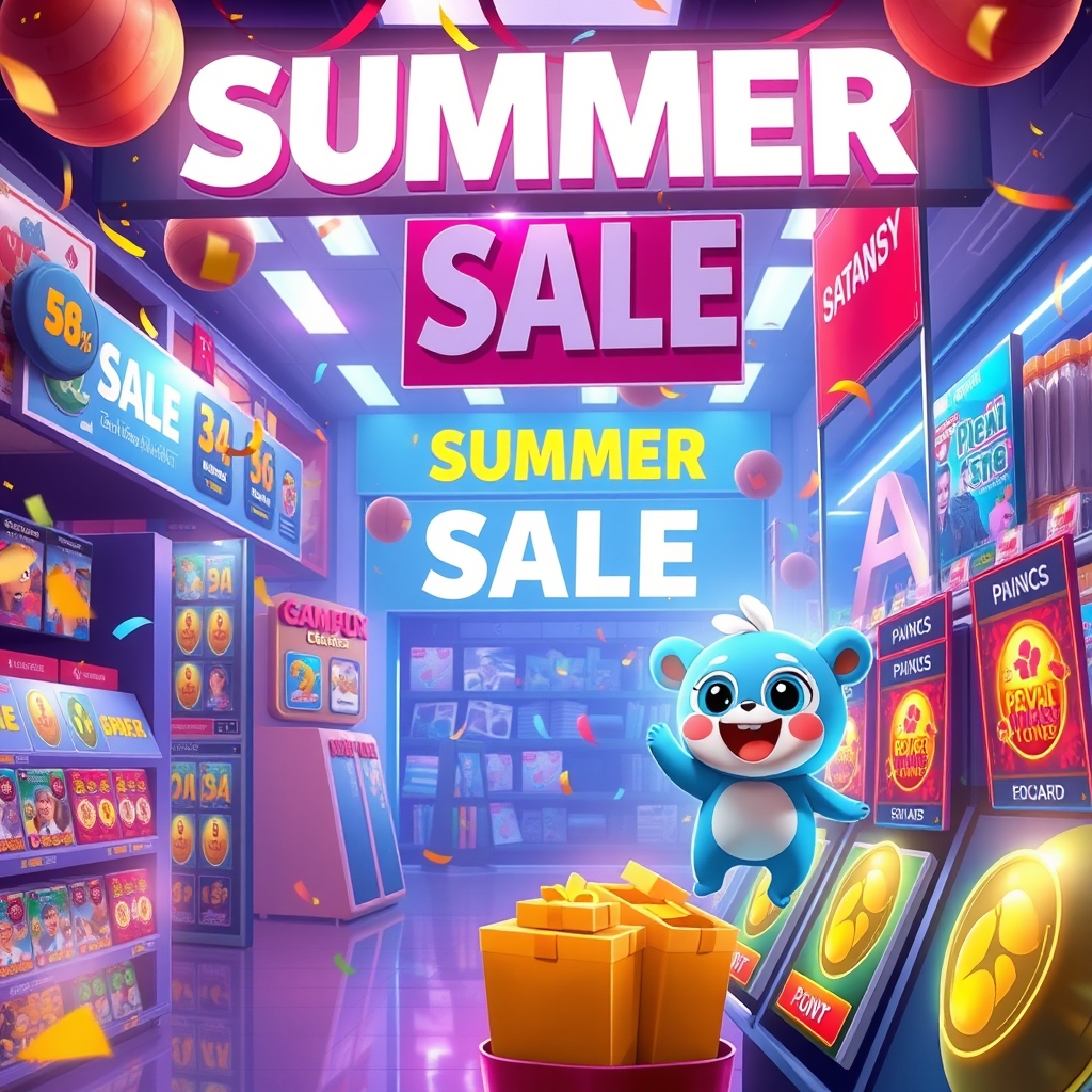 A digital storefront filled with sale banners and game cards beside a glowing collectible companion