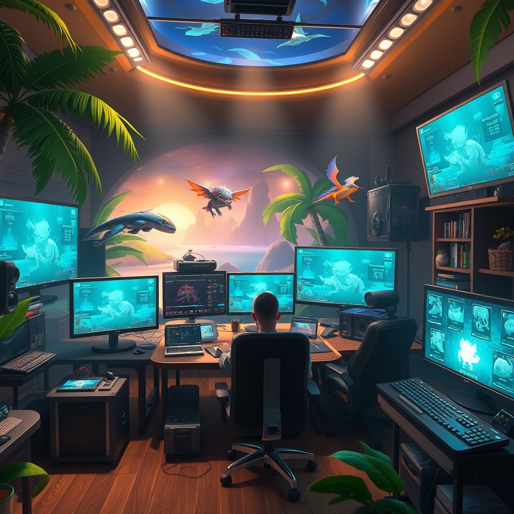 A futuristic game editor scene with animated companion creatures and interface panels