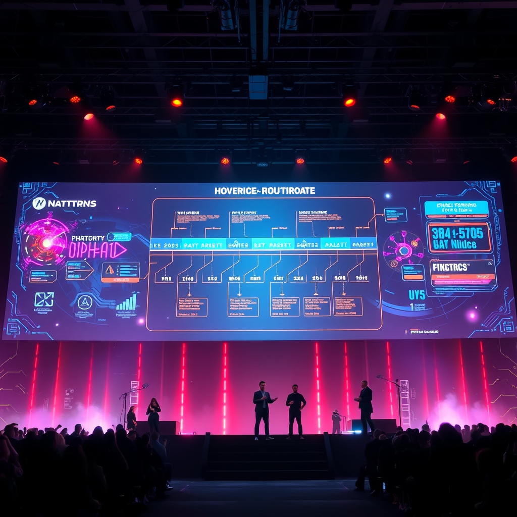 A futuristic engine roadmap projected over a convention stage with developers watching
