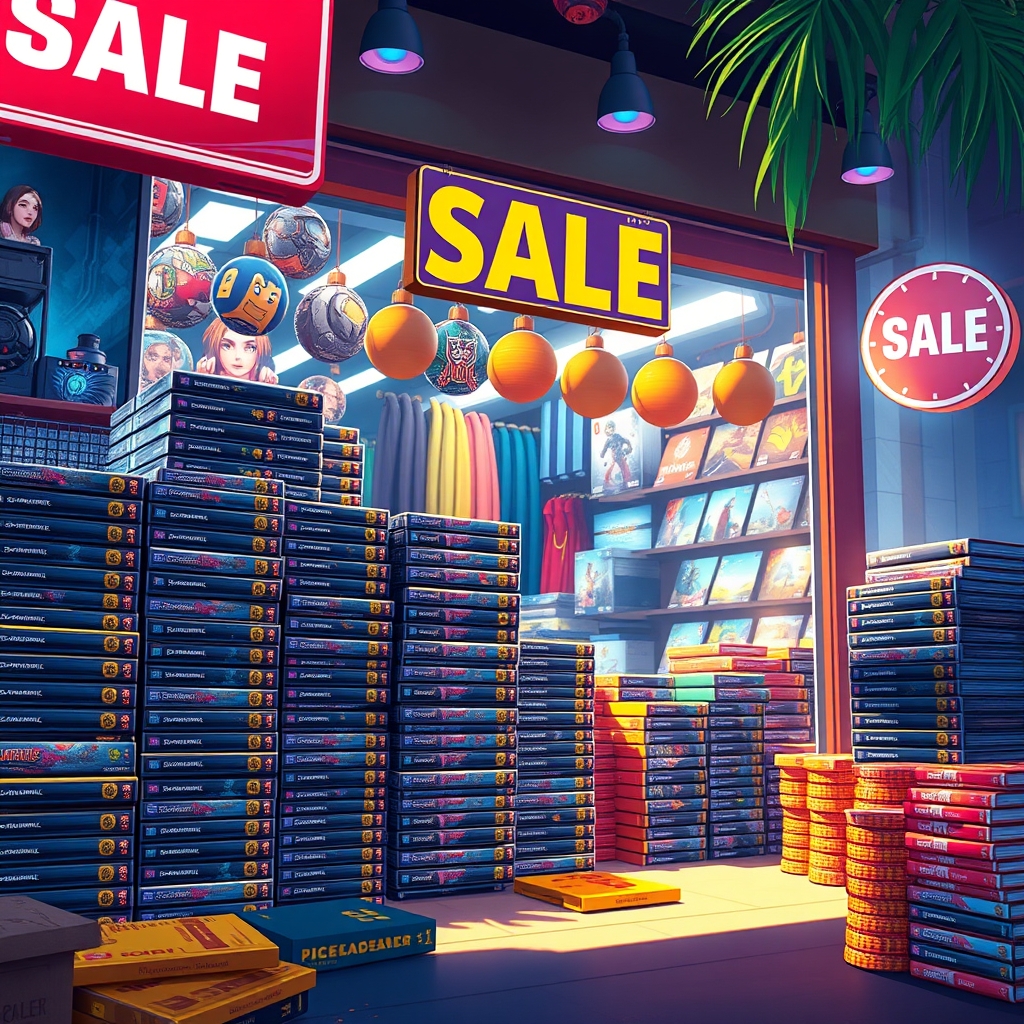 A bright storefront sale banner with game boxes and bonus reward icons