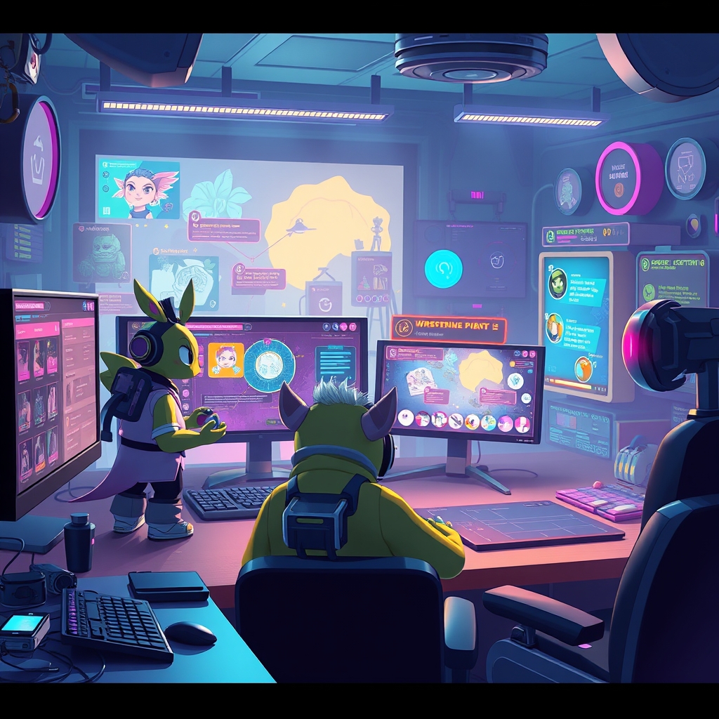 A futuristic game editor scene with a friendly companion character and glowing dialogue nodes