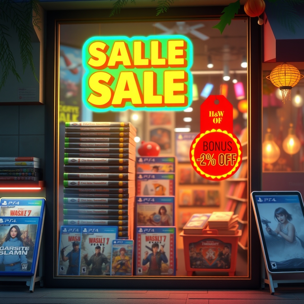 A storefront sale display with game boxes and a bonus companion reward