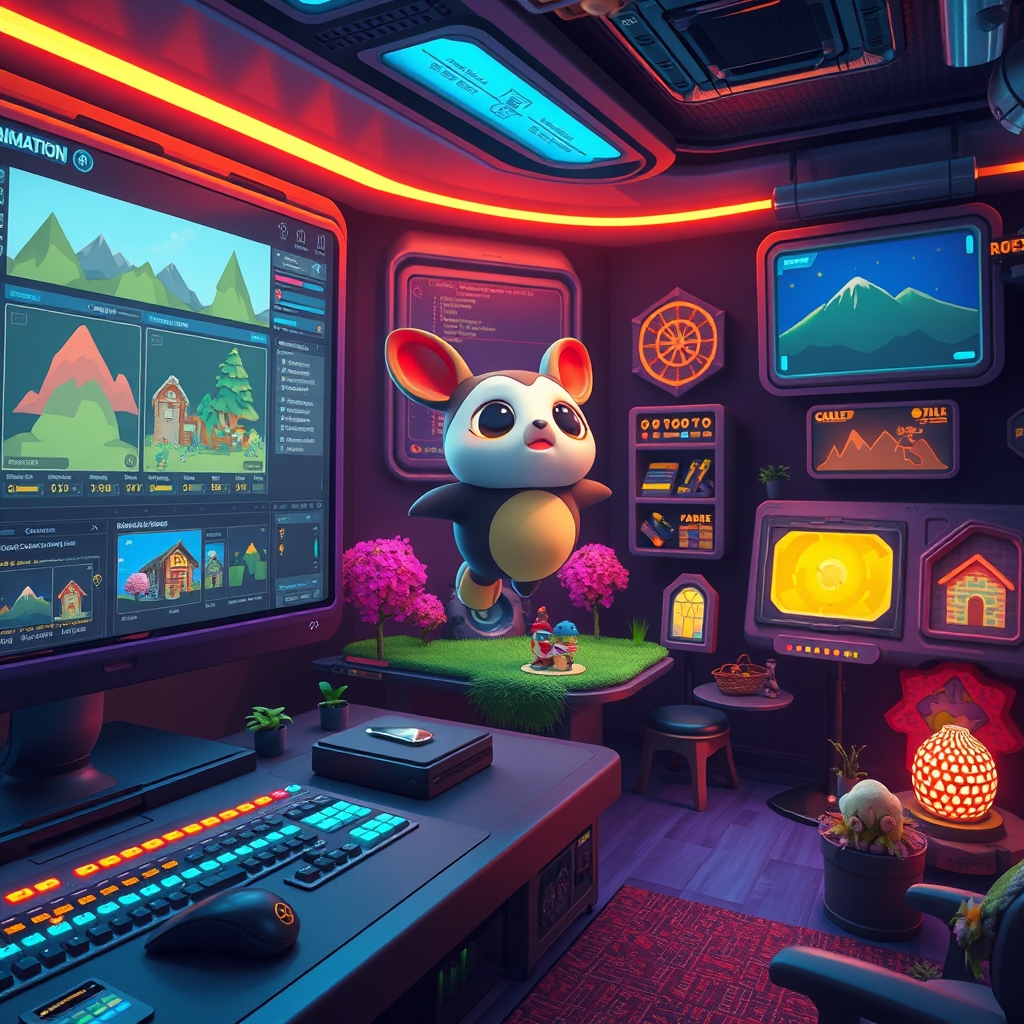 A stylized creator workspace with a companion creature, animation controls, and island-building tools