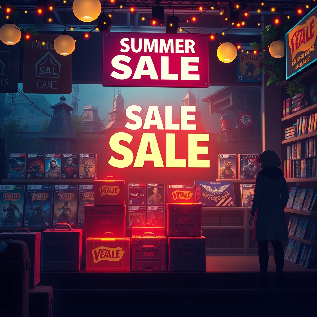 Digital storefront sale with game boxes and gift bundles