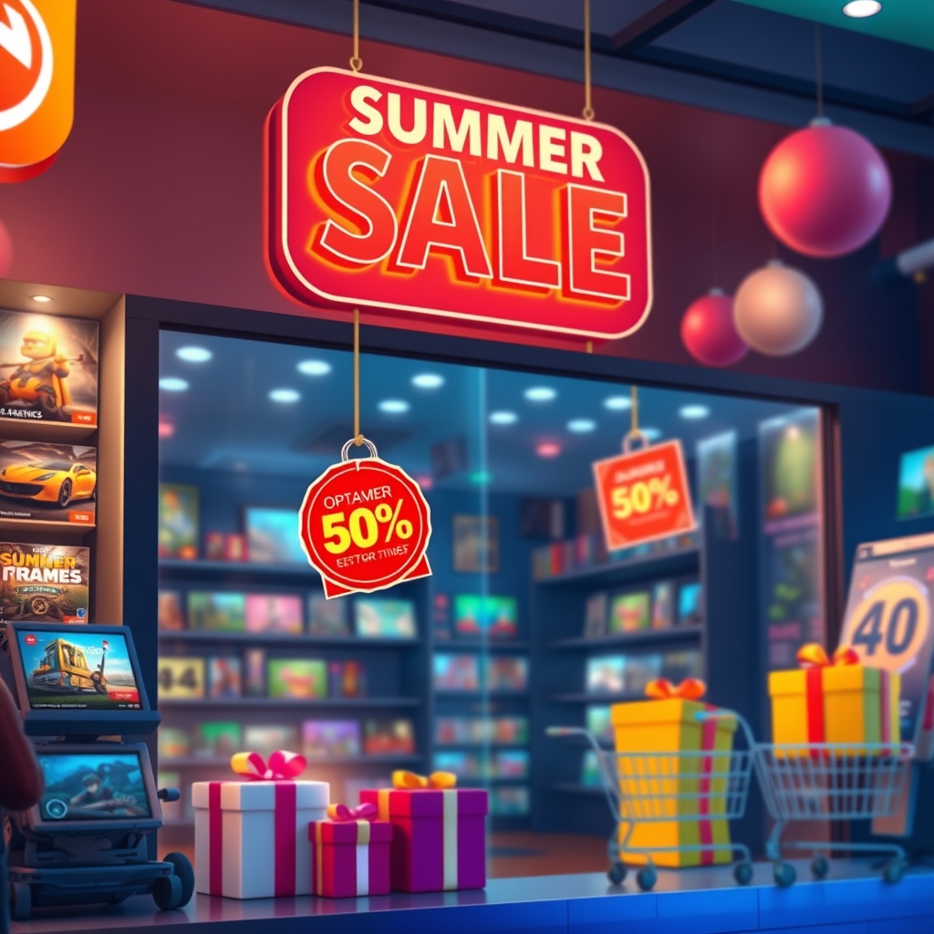 A digital storefront with bright sale banners and game deal cards
