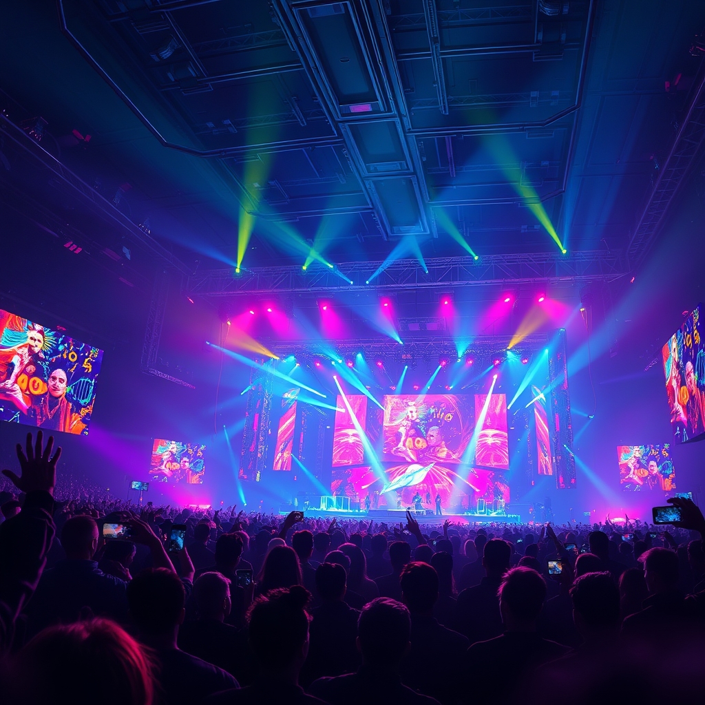A neon concert stage with a rapper performing under bright festival lights
