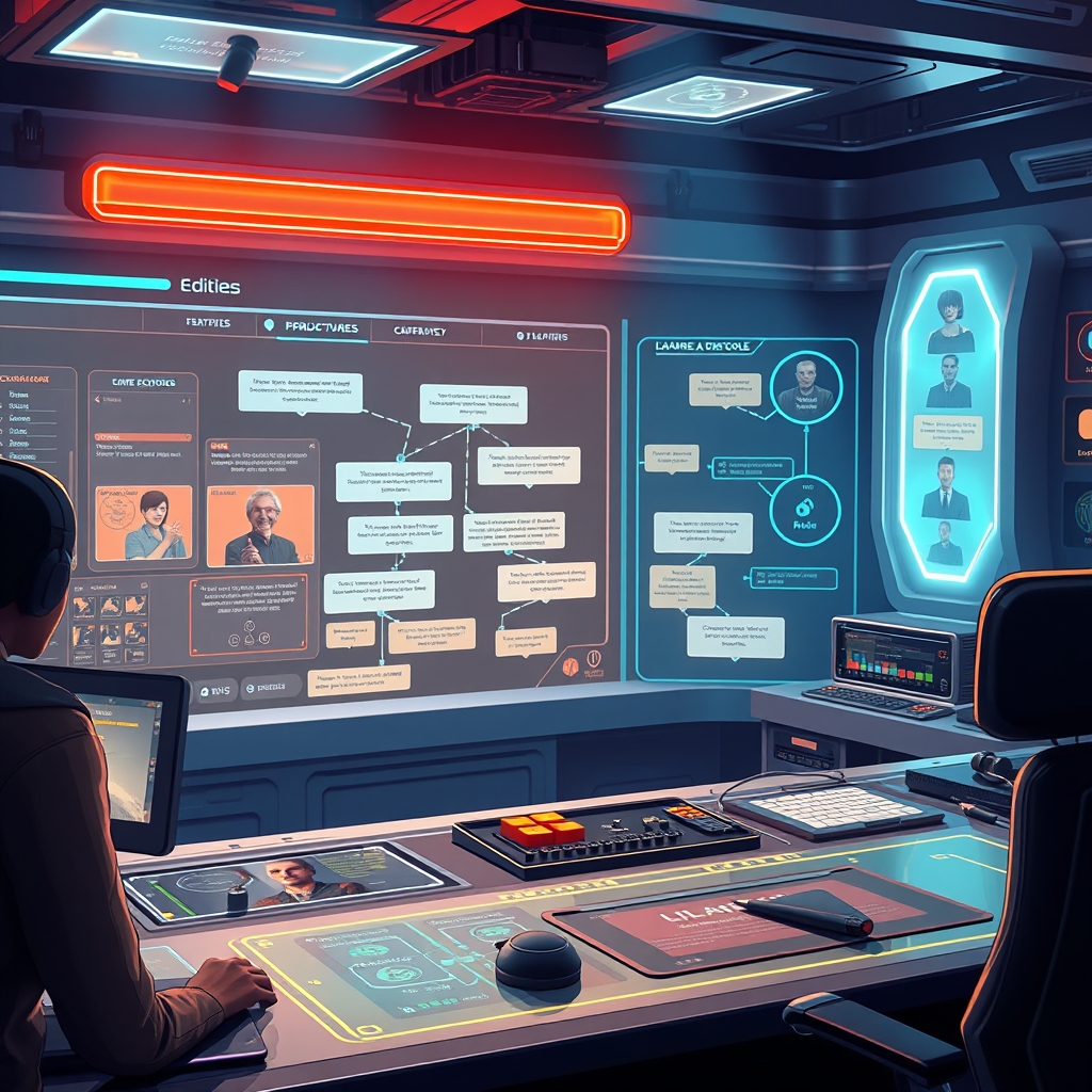 A game editor scene with glowing dialogue nodes and NPC markers