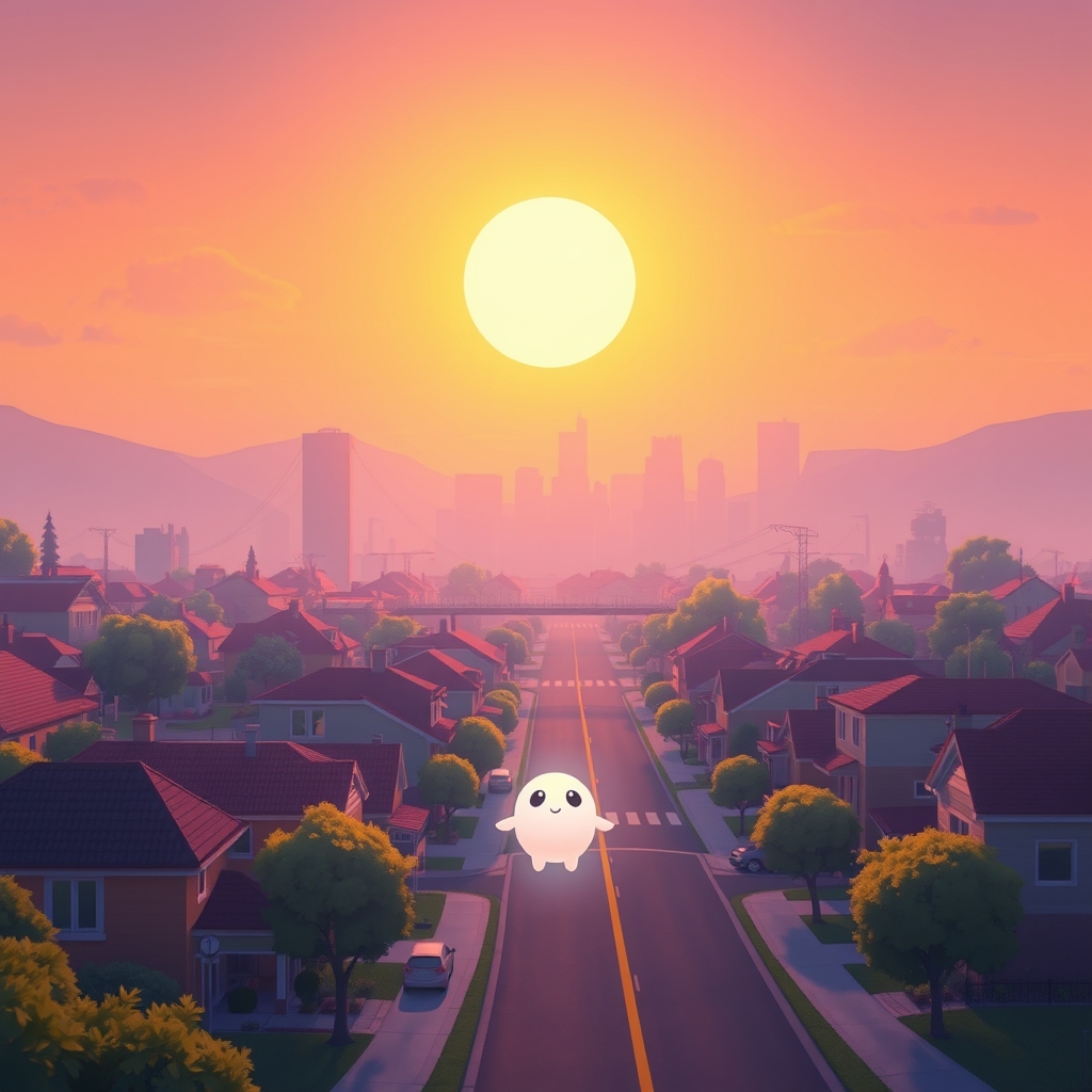 A bright cartoon-style town skyline at dawn beside a glowing collectible creature