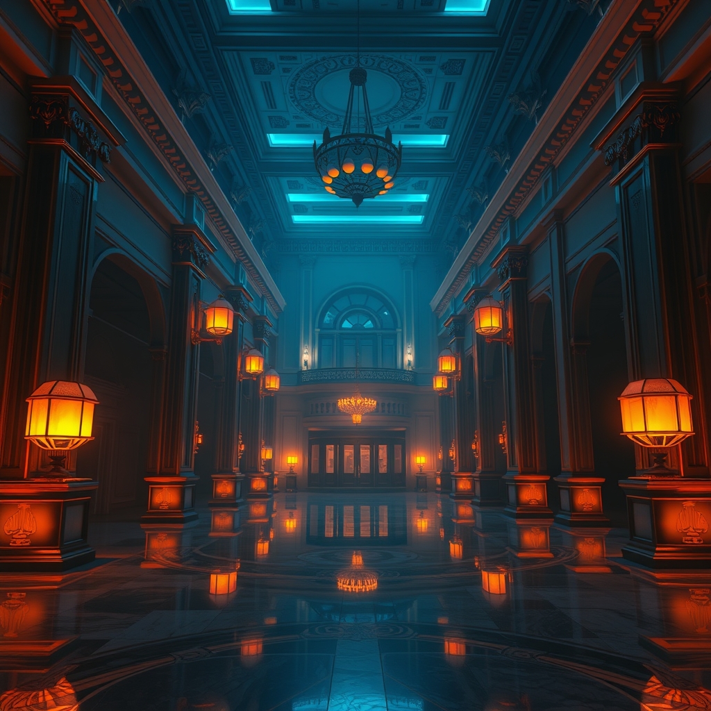 A neon-lit hotel lobby at night with a polished marble floor, empty and quiet