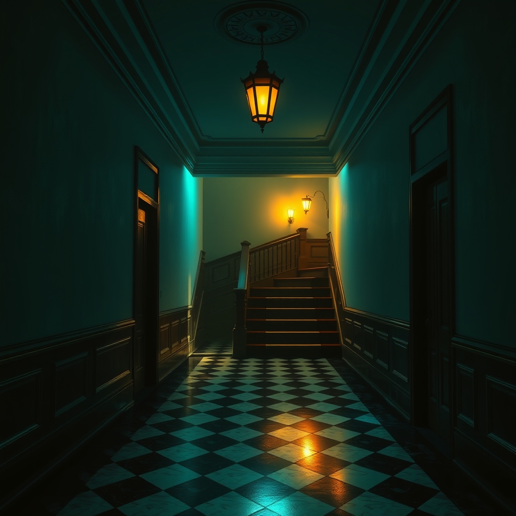A dim art-deco mansion corridor lit by a single lamp, with a staircase descending into darkness