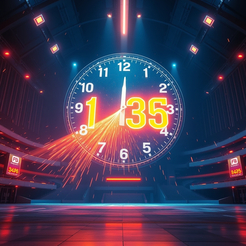 A neon clock face dissolving into falling glowing particles over an empty arena floor