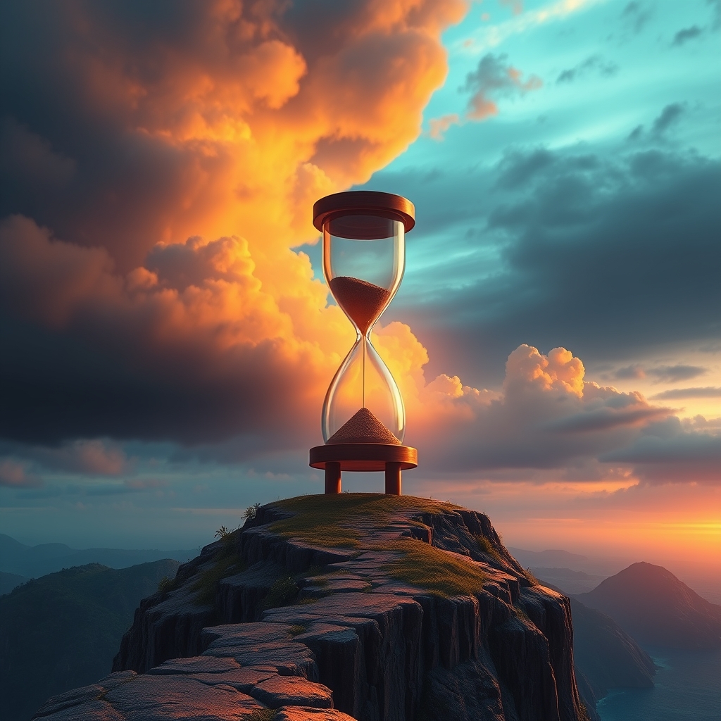An hourglass silhouetted against a stormy island skyline, sand nearly run through