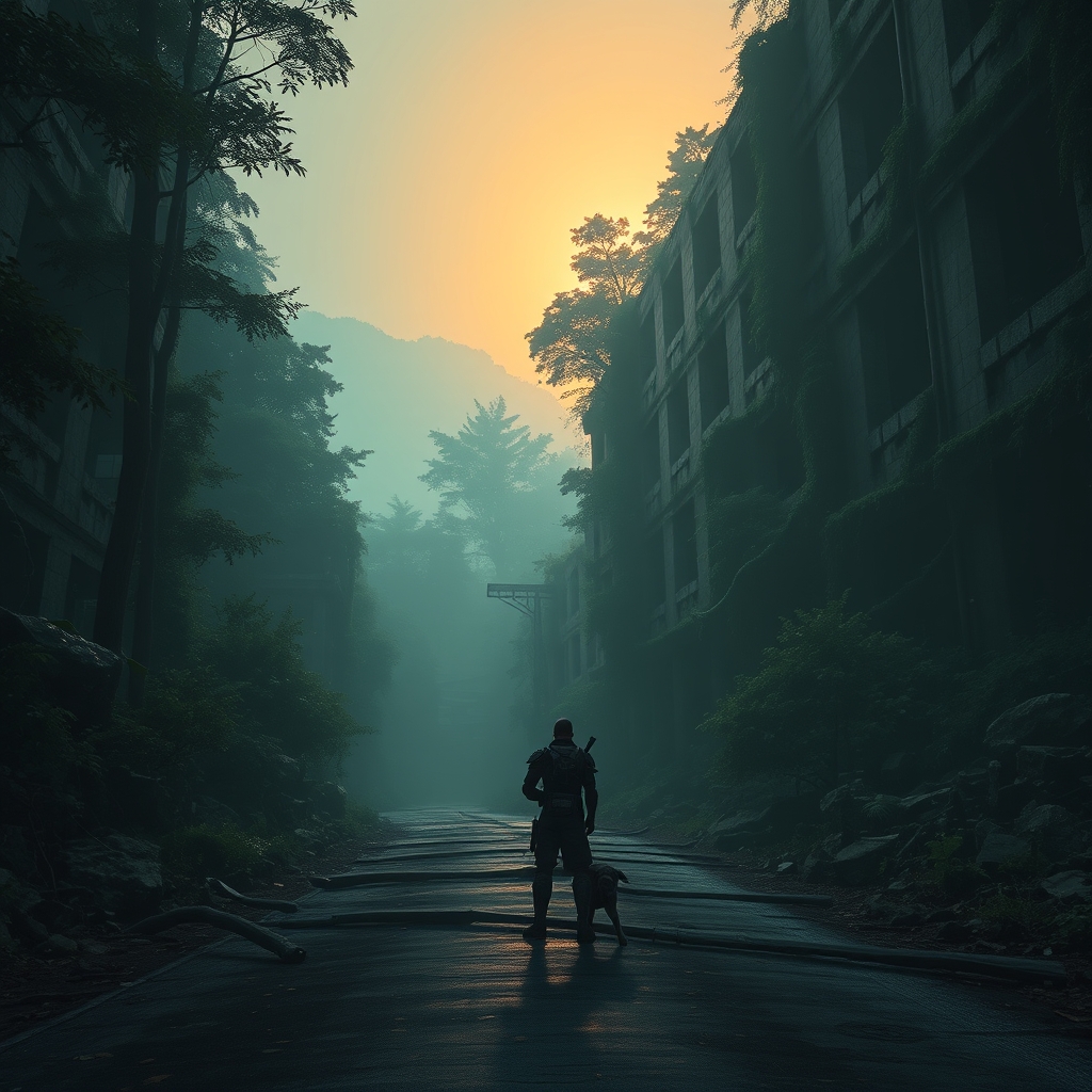 A lone figure and a dog stand at the edge of an overgrown ruin in a post-apocalyptic Japanese forest at dusk