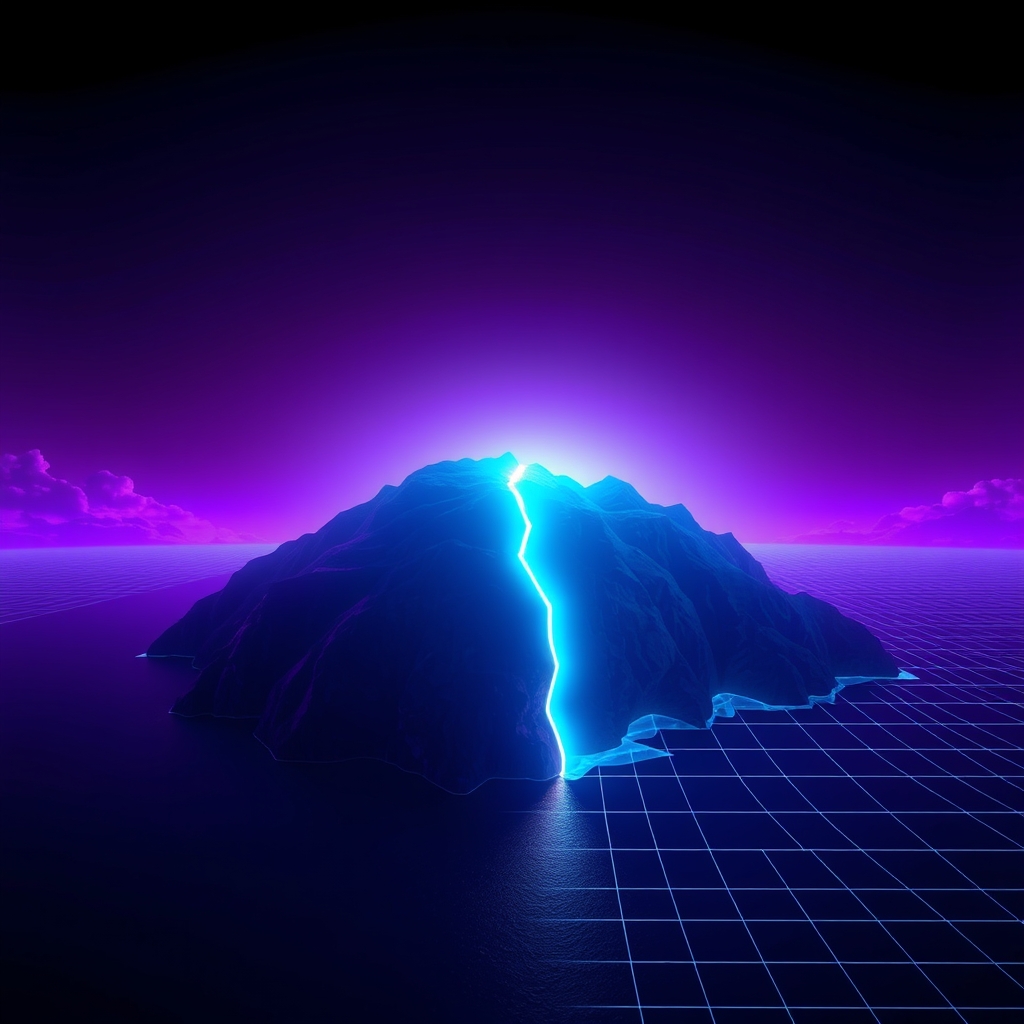 A stylized island landscape splitting along a glowing fault line, one half rendered as a wireframe grid