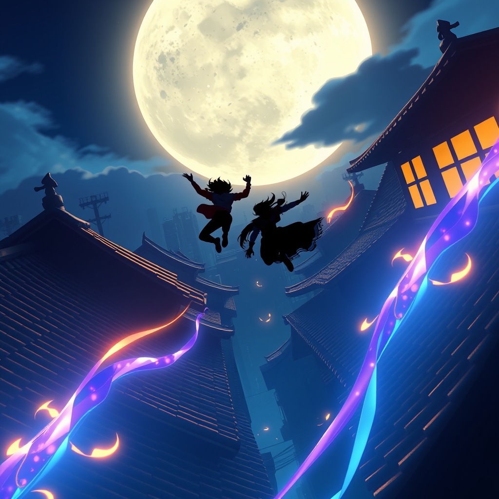 Two silhouetted figures leaping between moonlit rooftops, trailing violet and gold energy