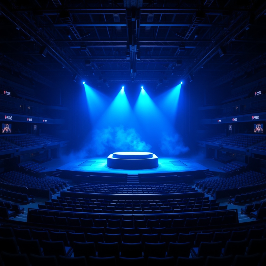 An empty arena floor lit by cold stage light, two spotlights pointed at a single platform