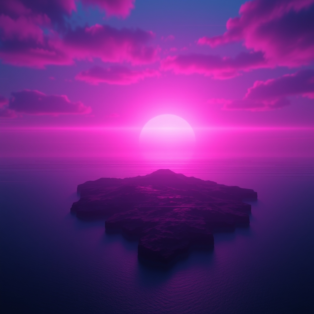 A landscape breaking into horizontal glitch bands under a bruised sky, fragments of terrain sliding out of alignment