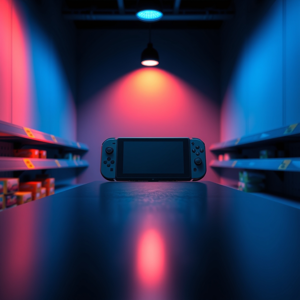 A handheld console sitting under a price tag on a dim retail shelf