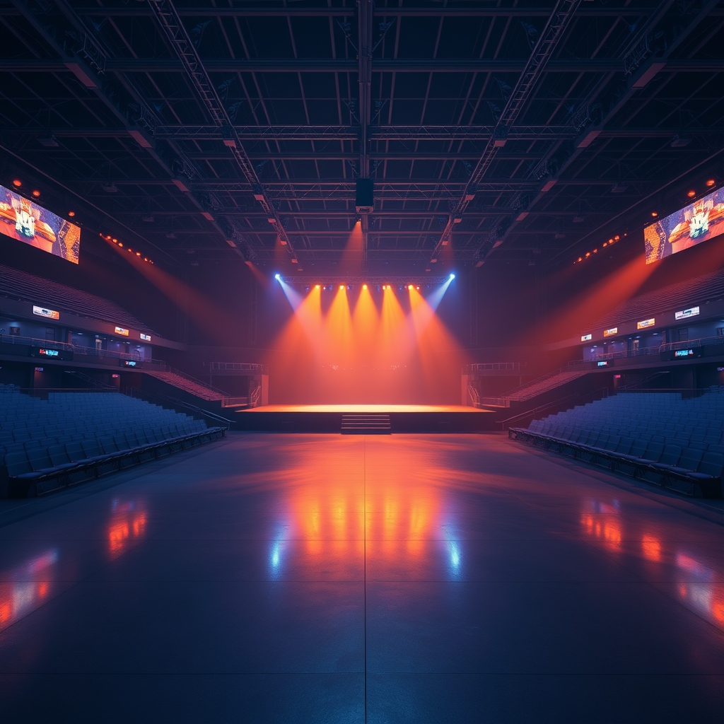 A stadium floor split by two long shadows, one stage lit warm and one lit cold, seating rising into darkness