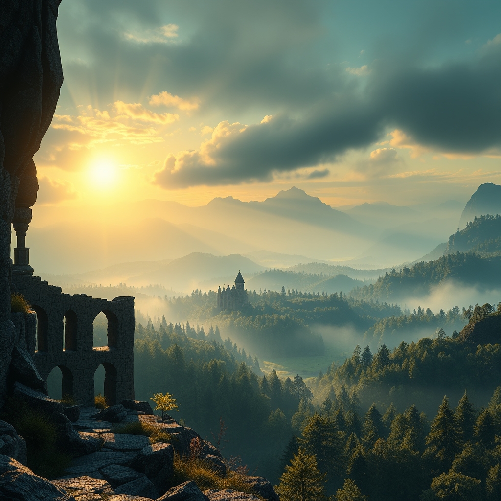 A misty medieval valley seen from a ridge at dawn, ruined stone arches in the foreground and a wide forest basin below