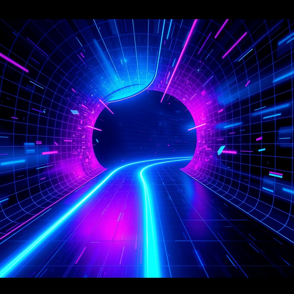 A neon blue speed trail curving through a dark glitching grid corridor, fragments of the corridor breaking apart into pixels