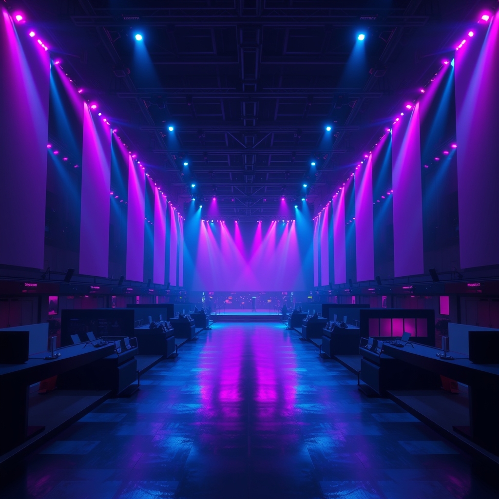A vast dark exhibition hall lit by rows of magenta and cyan stage lights, with empty walkways between towering blank booth structures