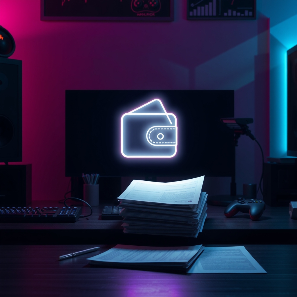 A dark studio desk lit in magenta and cyan, with a glowing wallet-shaped hologram floating above an open laptop and a stack of unsigned forms pushed to one side