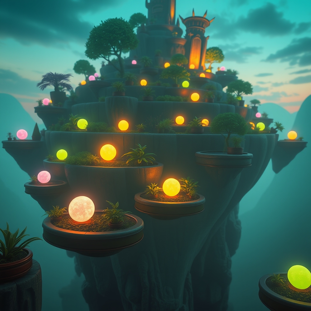Small glowing creatures drifting over a terraced garden island at dusk, each one wrapped in a different coloured aura