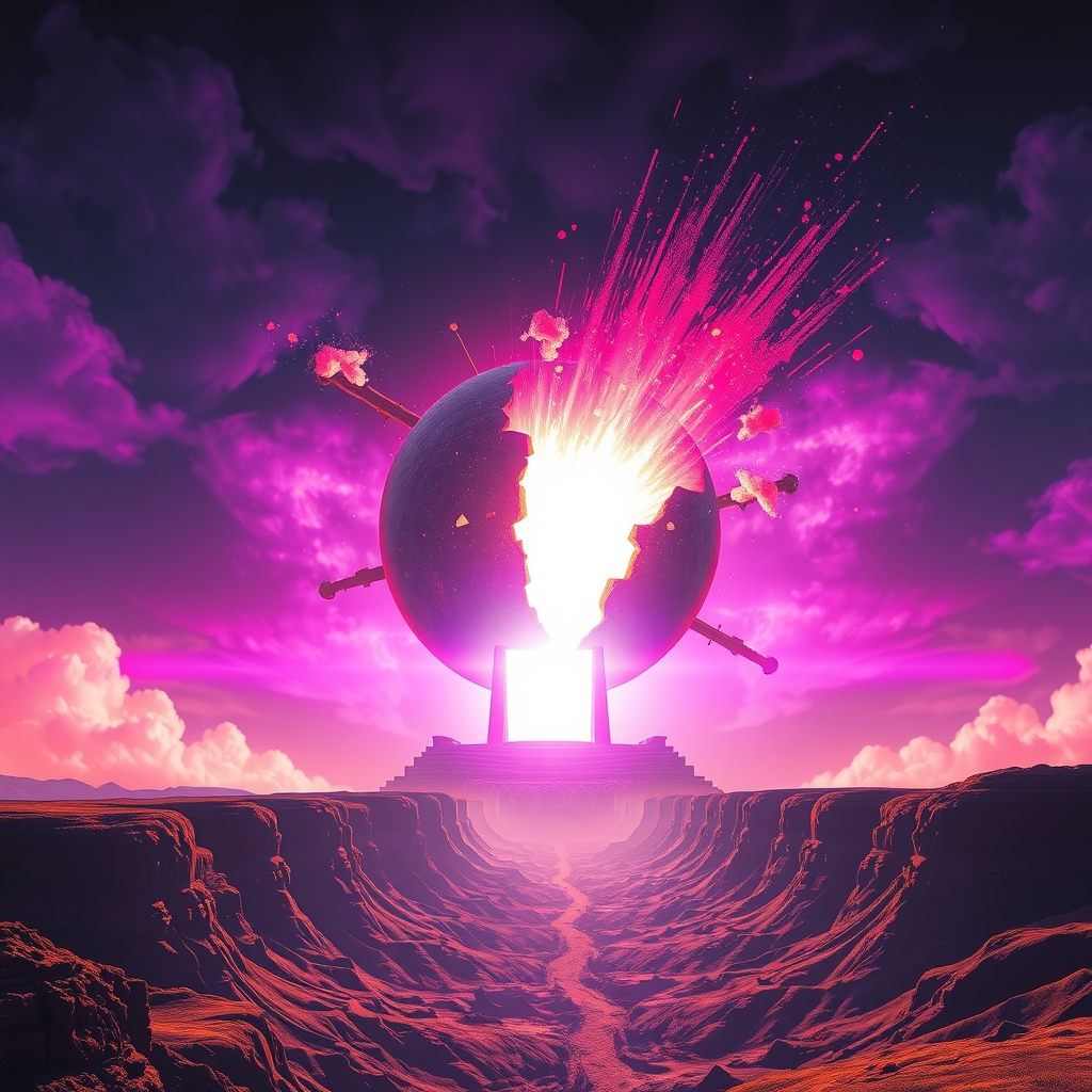 A cracked energy sphere collapsing into a glowing rectangular cartridge shape at the centre of a valley, pixel distortion spreading outward across the terrain