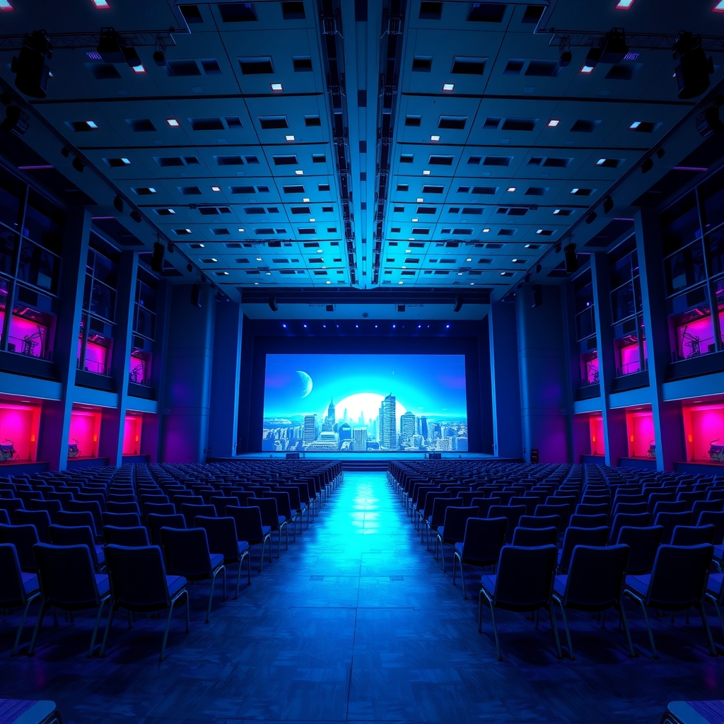 A large conference hall at dusk seen from the back of the room, rows of empty seats facing a wide illuminated stage screen, city towers visible through tall windows