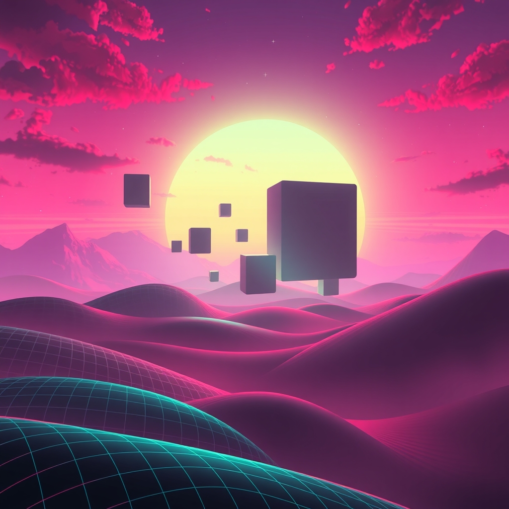 A stylized retro-arcade landscape at dusk with glowing grid hills, floating pixel blocks and a glitching horizon in neon green and magenta