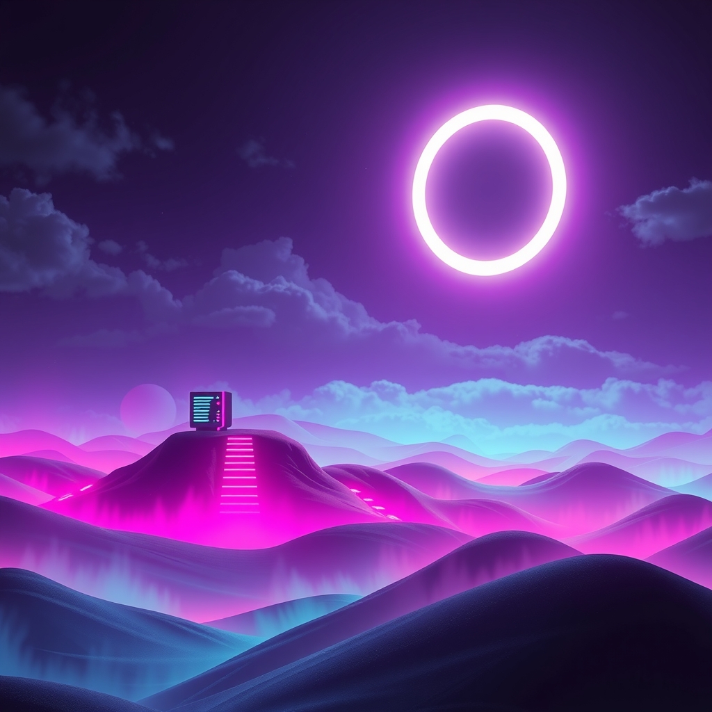 A neon arcade landscape frozen mid-glitch under a giant countdown of light, dark server towers pulsing in magenta and green at night