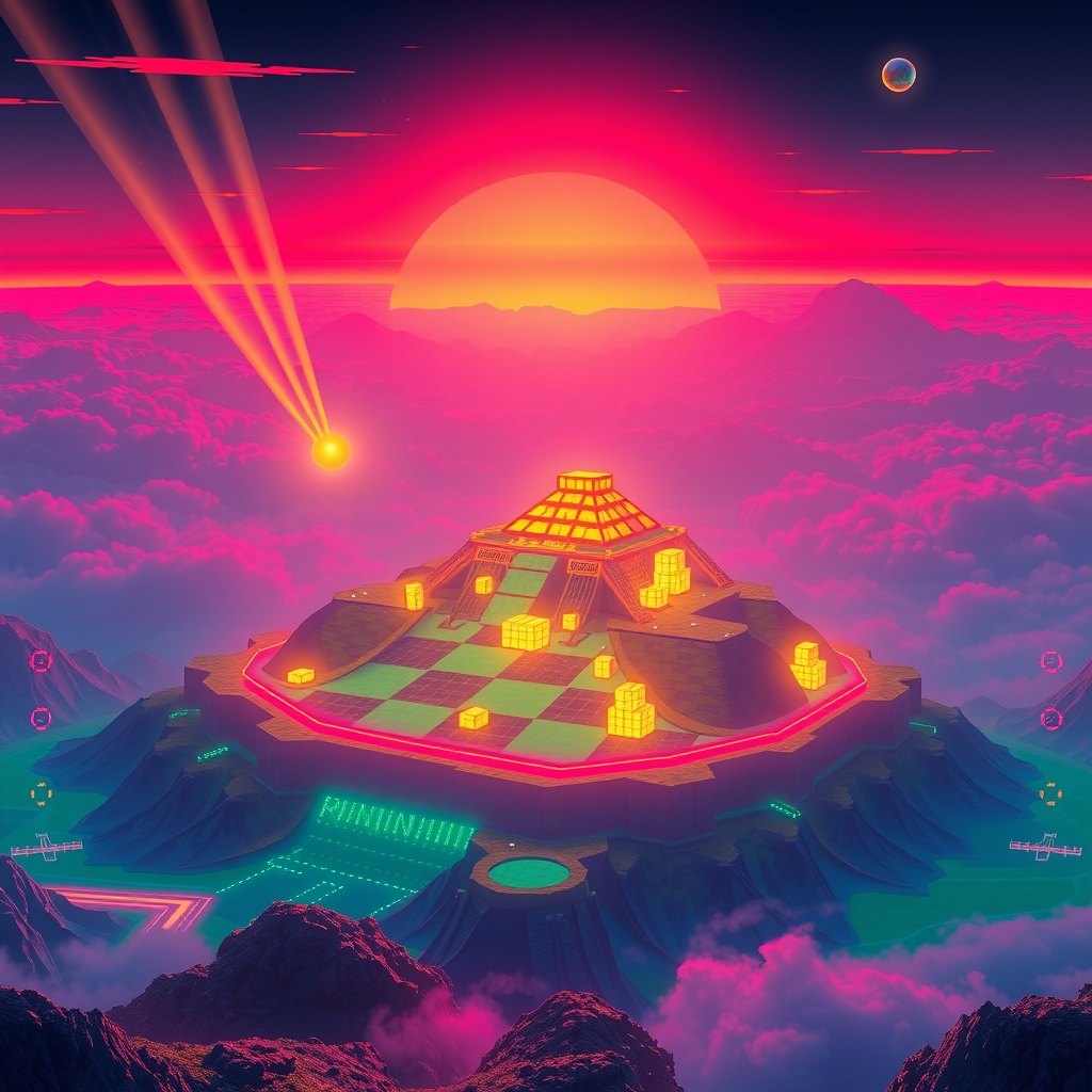 A sunrise over a neon arcade island where pixel blocks assemble into green hills and golden light beams burst from a checkered valley